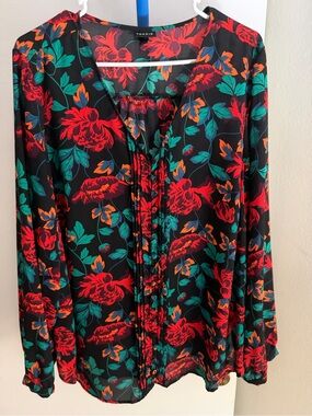 torrid Black Floral Tie-Front Blouse with Red and Teal Blooms